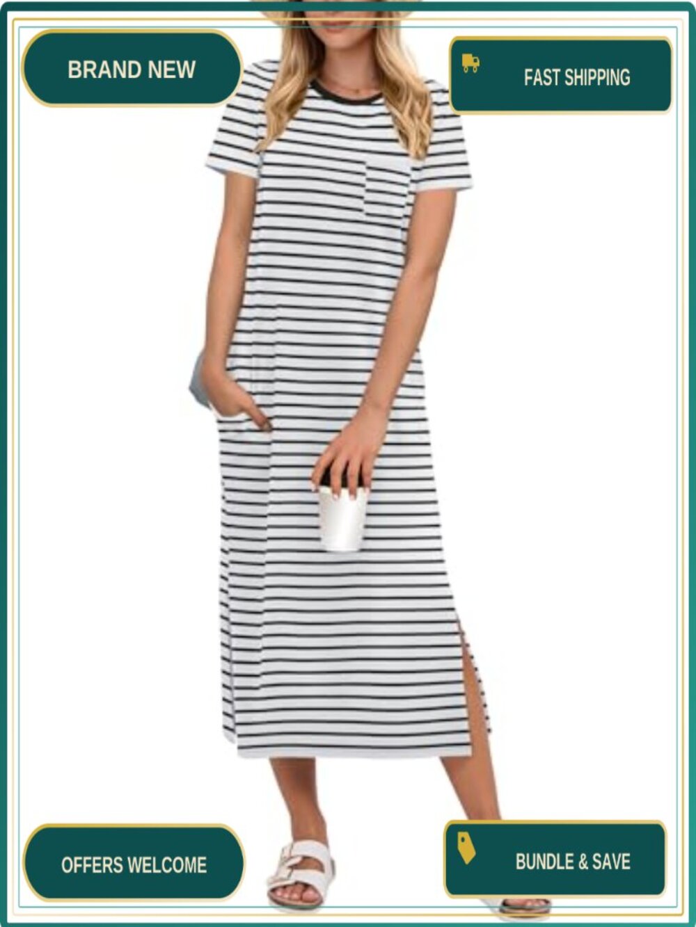 Womens Midi Dress Short Sleeve Split Stripe Rayon Blend Comfy Travel Beach